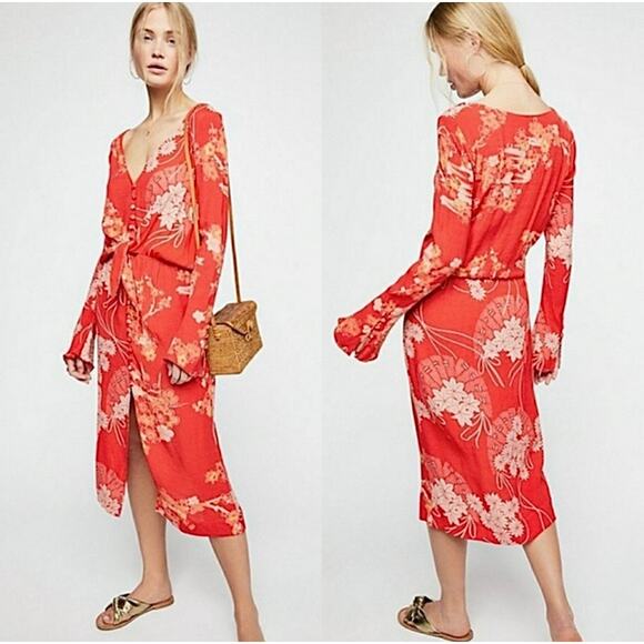 Free People Mixed Print Twist Dress in Red Combo Medium Midi Floral Chic NWT - Picture 12 of 13